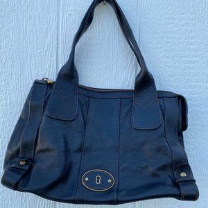 Fossil Leather Handbag Shoulder Length Straps Black with Brown Stitching